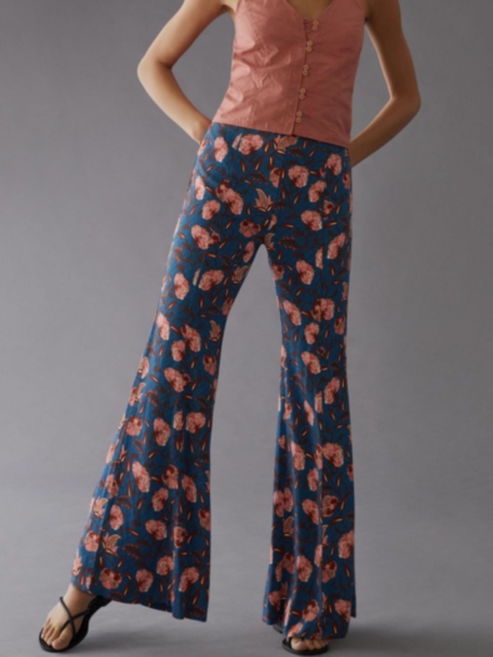 Anthropologie Drapey Flare Pants-Navy Blue/Pink Floral Details Size: 4